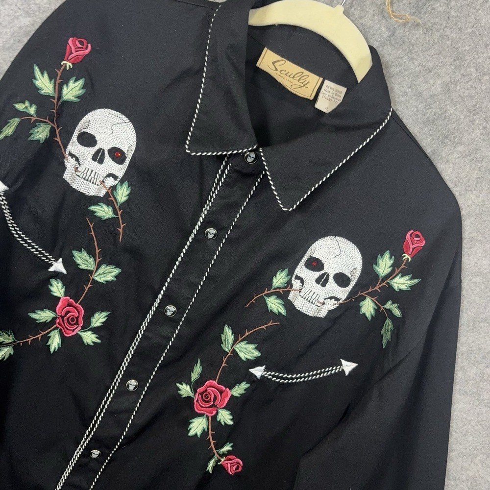 Scully Embroidered Western Shirt Mens XL Black Skulls Roses Snaps